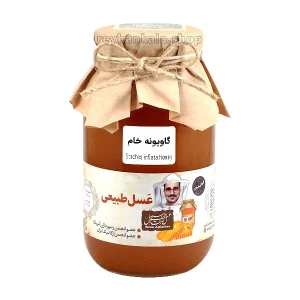عسل گاوپونه خام ۹۵۰ گرمی کوهستانی فریدن با رنگ کهربایی و بافت غلیظ
